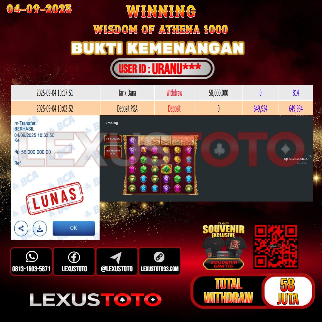 LEXUSTOTO JACKPOT SLOT WISDOM OF ATHENA 1000 Rp.58.000.000,- LUNAS USER ID : URANU***