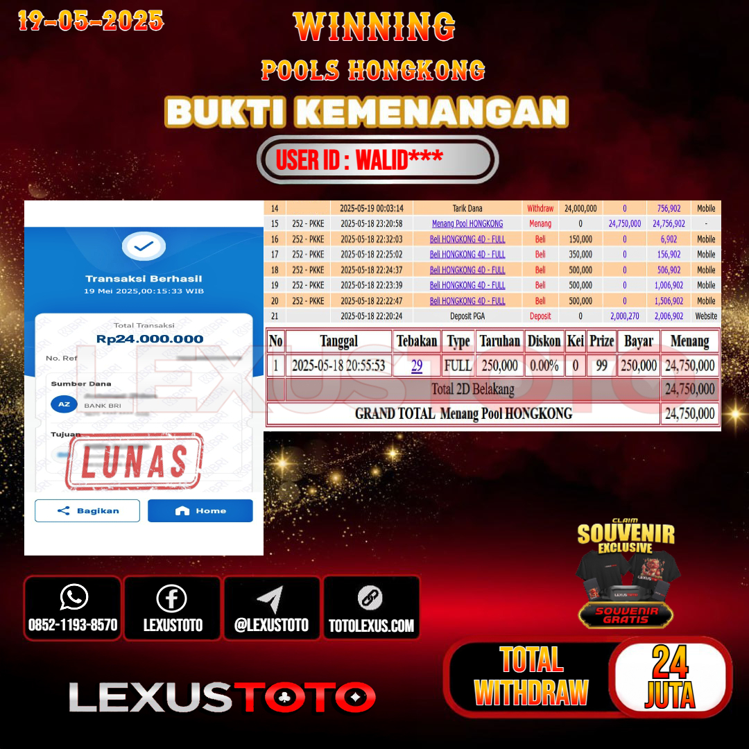 LEXUSTOTO JACKPOT TOGEL HONGKONG Rp.24.000.000.- LUNAS USER ID : WALID***