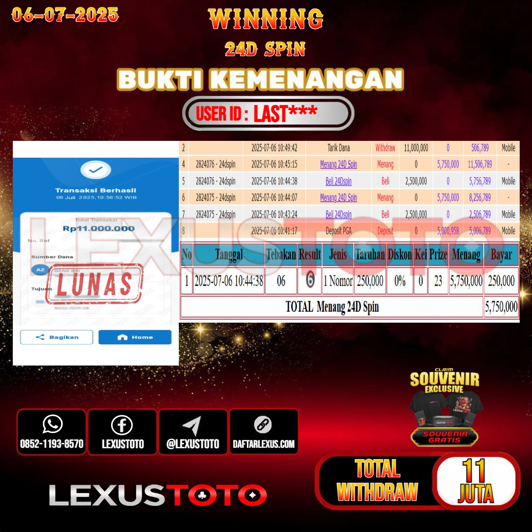 LEXUSTOTO JACKPOT LIVE GAMES 24D SPIN Rp. 11.000.000,- LUNAS USER ID : LAST***