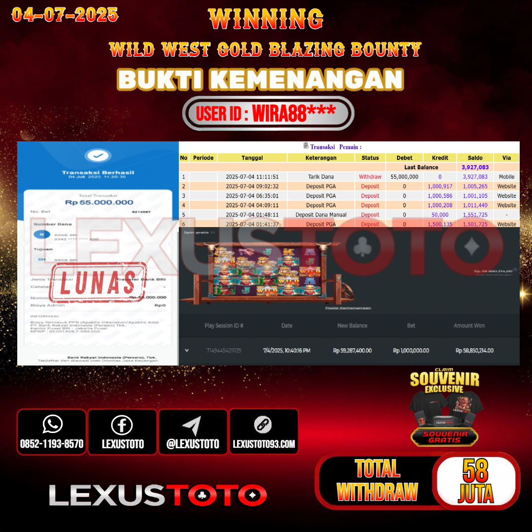 LEXUSTOTO JACKPOT SLOT WILD WEST GOLD BLAZING BOUNTY Rp. 58.000.000,- LUNAS USER ID : WIRA88***