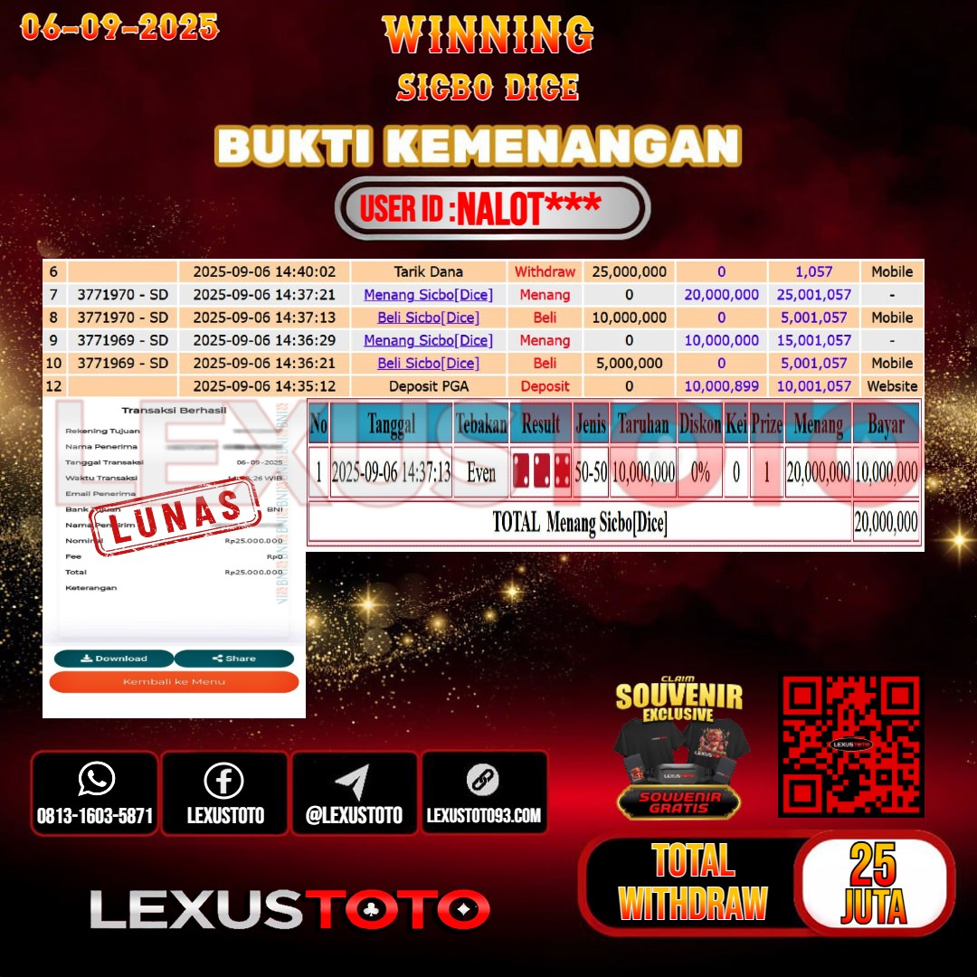 LEXUSTOTO JACKPOT LIVE GAMES SICBO DICE Rp.25.000.000,- LUNAS USER ID : NALOT***