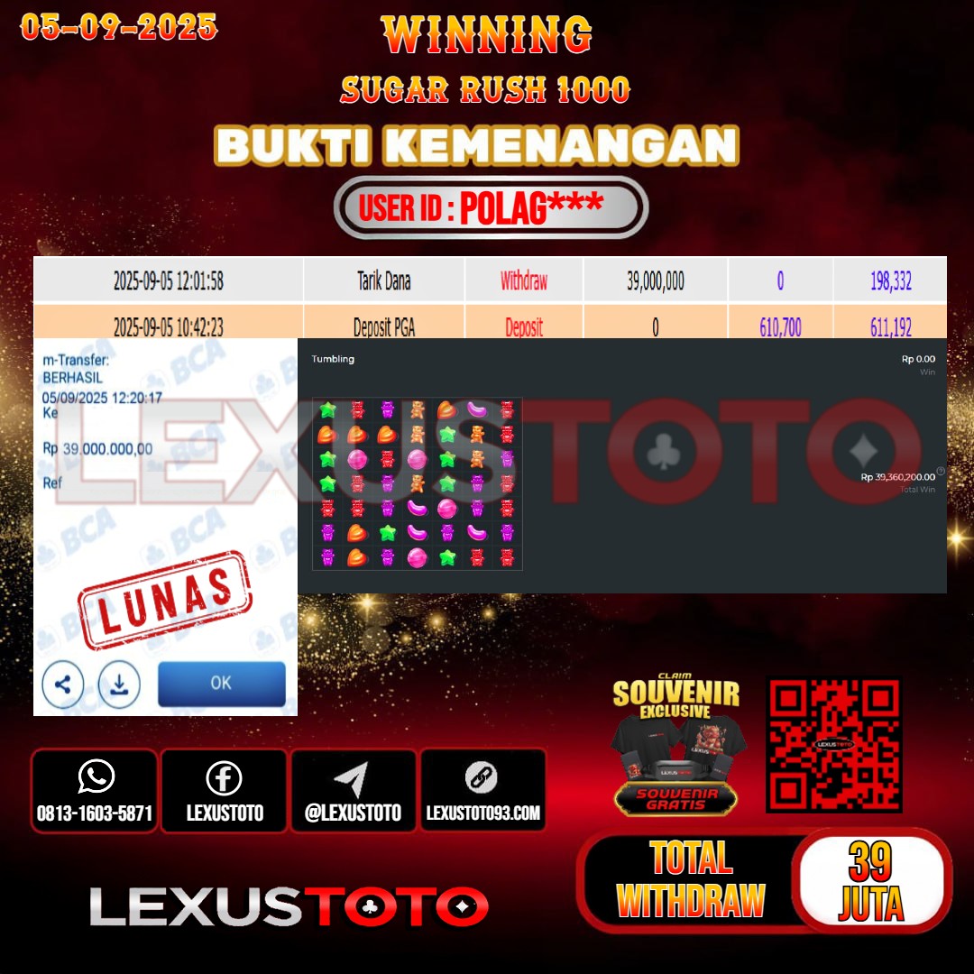 LEXUSTOTO JACKPOT SLOT SUGAR RUSH 1000 Rp.39.000.000,- LUNAS USER ID : POLAG***