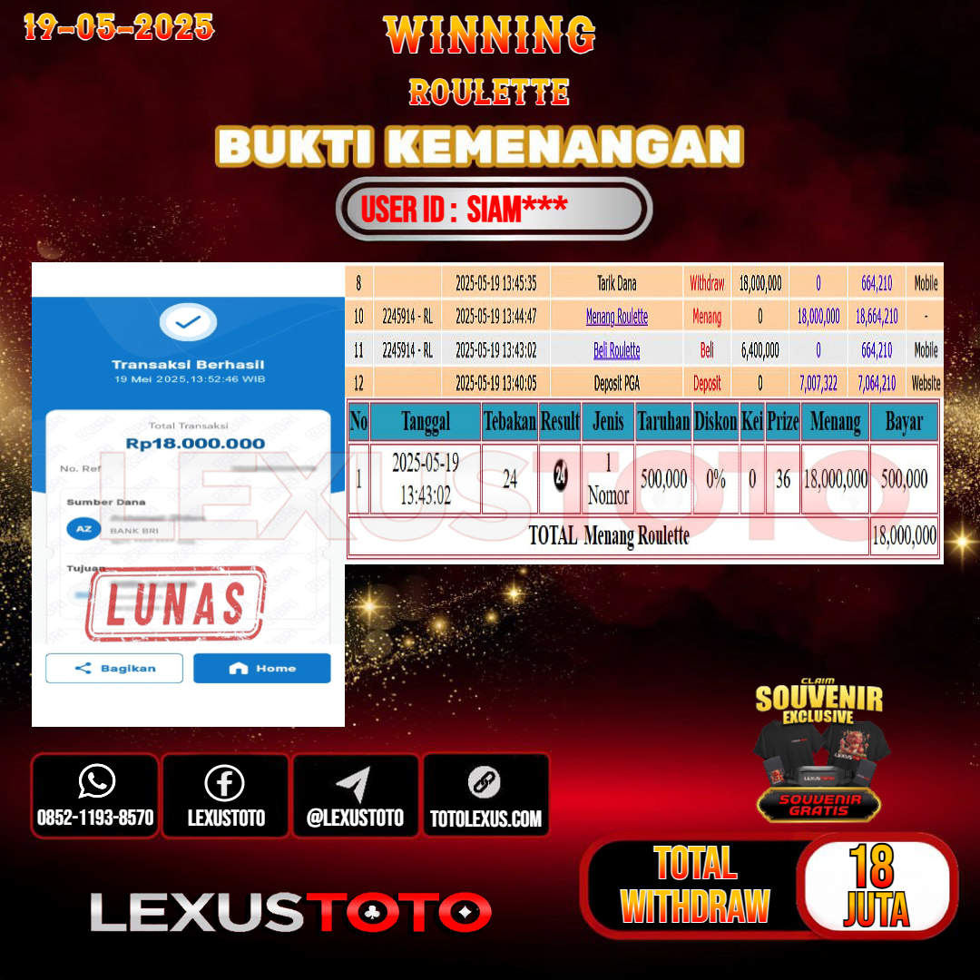 LEXUSTOTO JACKPOT LIVE GAMES ROULETTE Rp.18.000.000,- LUNAS USER ID : SIAM***
