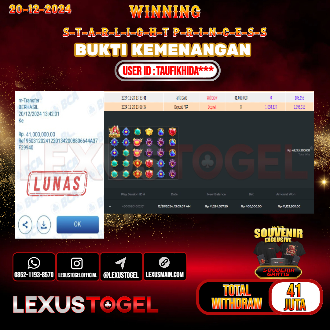 LEXUSTOGEL JACKPOT SLOT STARLIGHT PRINCESS Rp. 41.000.000,- LUNAS USER ID : TAUFIKHIDA*** 