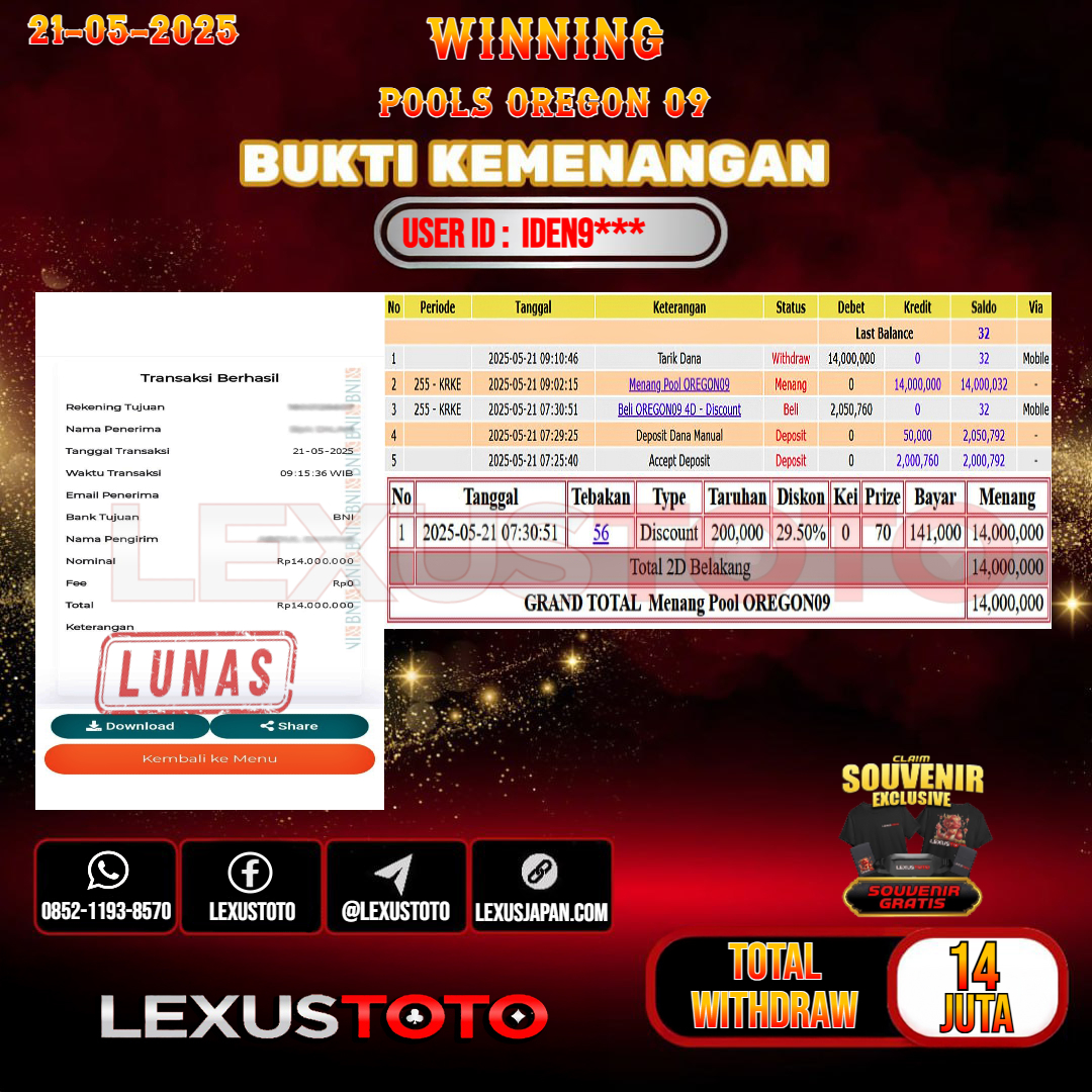 LEXUSTOTO JACKPOT TOGEL OREGON 09 Rp.14.000.000.- LUNAS USER ID : IDEN9***