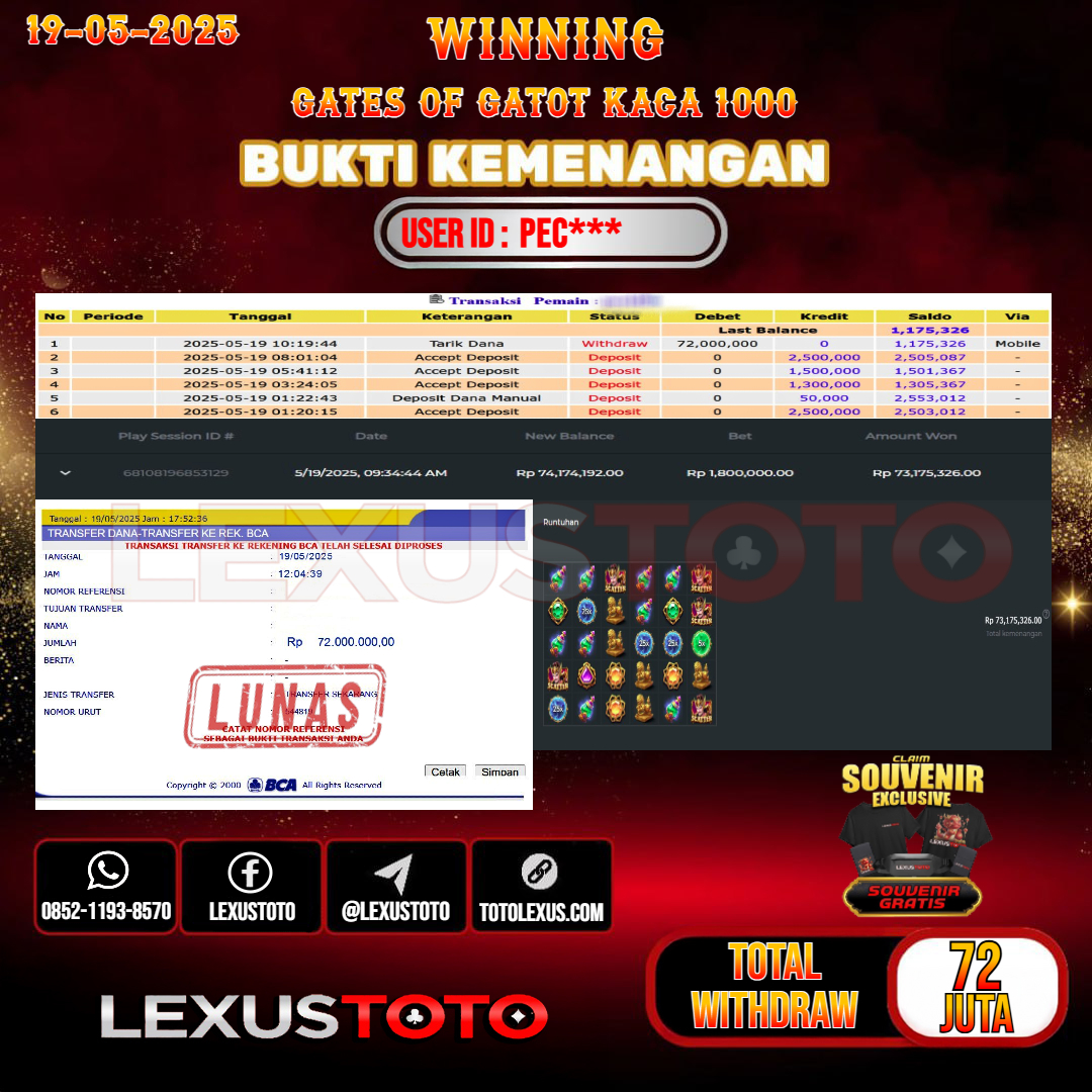 LEXUSTOTO JACKPOT SLOT GATES OF GATOT KACA 1000 Rp.72.000.000,- LUNAS USER ID : PEC***