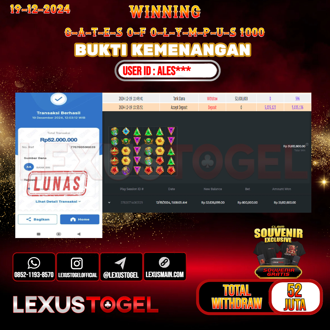 LEXUSTOGEL JACKPOT SLOT GATES OF OLYMPUS 1000 Rp. 52.000.000,-  LUNAS USER ID : ALES*** 