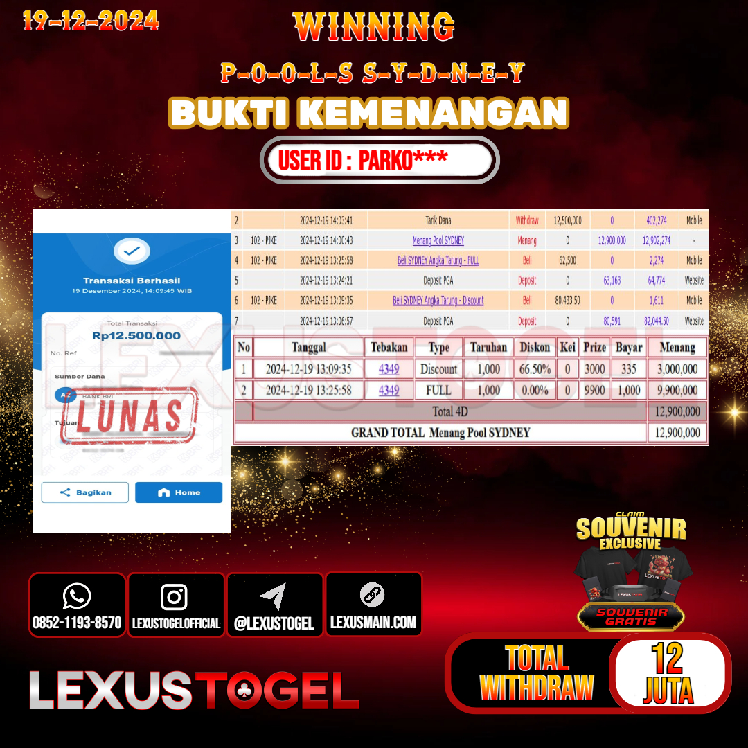 LEXUSTOGEL JACKPOT TOGEL SYDNEY Rp. 12.500.000.- LUNAS USER ID : PARKO***