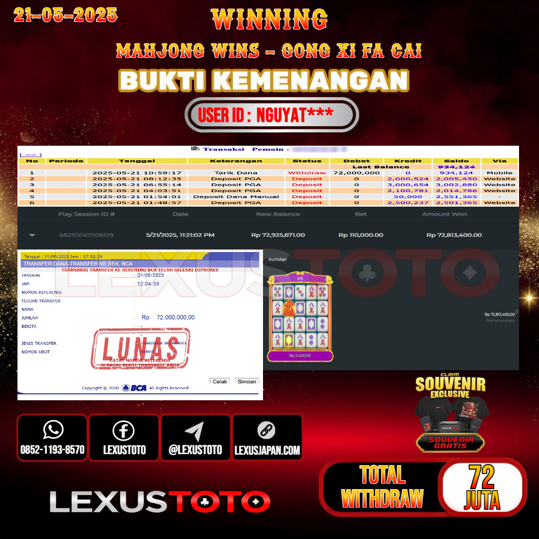LEXUSTOTO JACKPOT SLOT MAHJONG WINS - GONG XI FA CAI Rp.72.000.000,- LUNAS USER ID : NGUYAT***