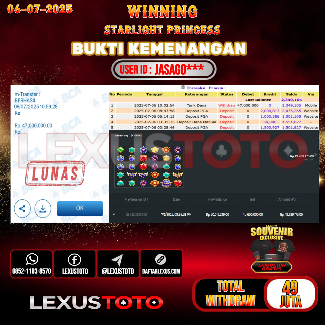 LEXUSTOTO JACKPOT SLOT STARLIGHT PRINCESS Rp. 49.000.000,- LUNAS USER ID : JASAGO***