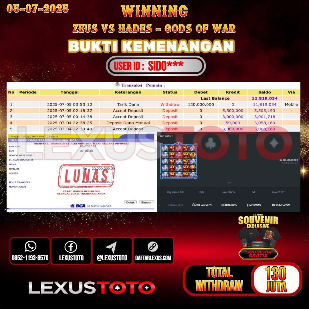 LEXUSTOTO JACKPOT SLOT ZEUS VS HADES - GODS OF WAR Rp. 130.000.000,- LUNAS USER ID : SIDO***