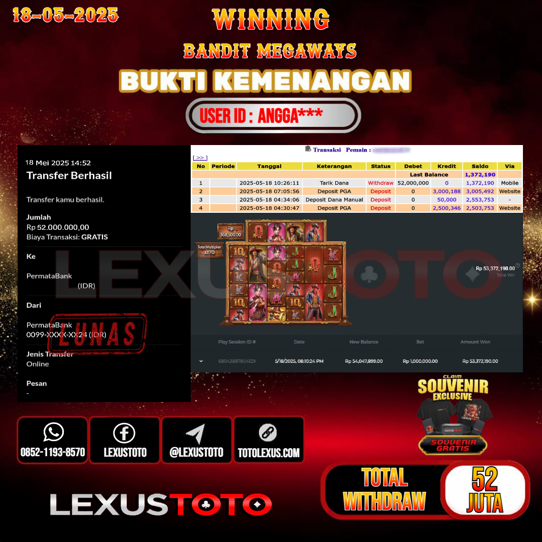 LEXUSTOTO JACKPOT SLOT BANDIT MAGAWAYS Rp.52.000.000,- LUNAS USER ID : ANGGA***