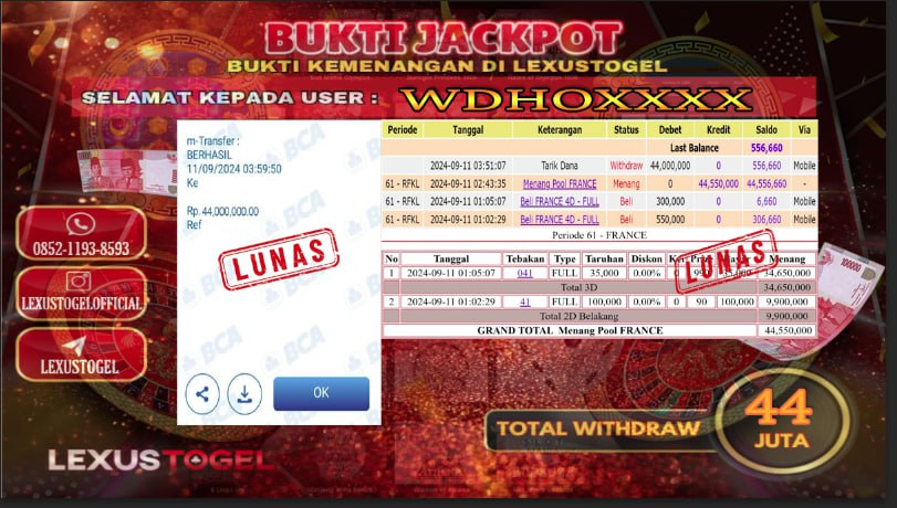 LEXUSTOGEL  JACKPOT TOGEL PASARAN FRANCE Rp. 44.000.000,-     LUNAS  ID : WDHO***