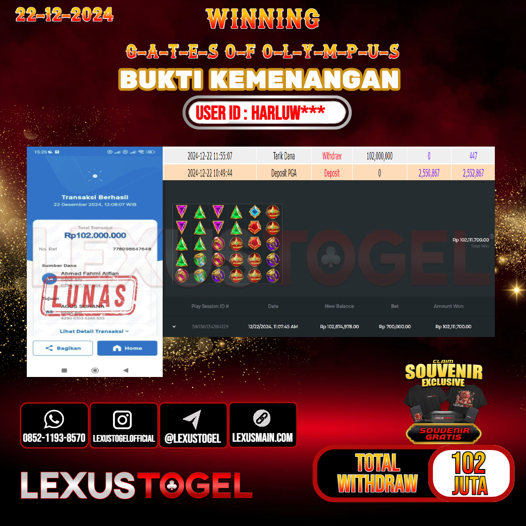 LEXUSTOGEL JACKPOT SLOT GATES OF OLYMPUS Rp. 102.000.000,-  LUNAS USER ID : HARLUW*** 