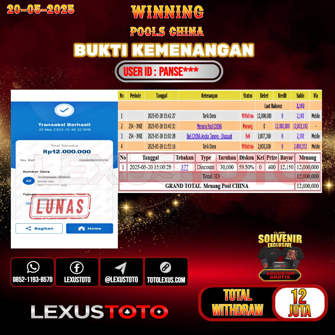 LEXUSTOTO JACKPOT TOGEL CHINA Rp.12.000.000.- LUNAS USER ID : PANSE***