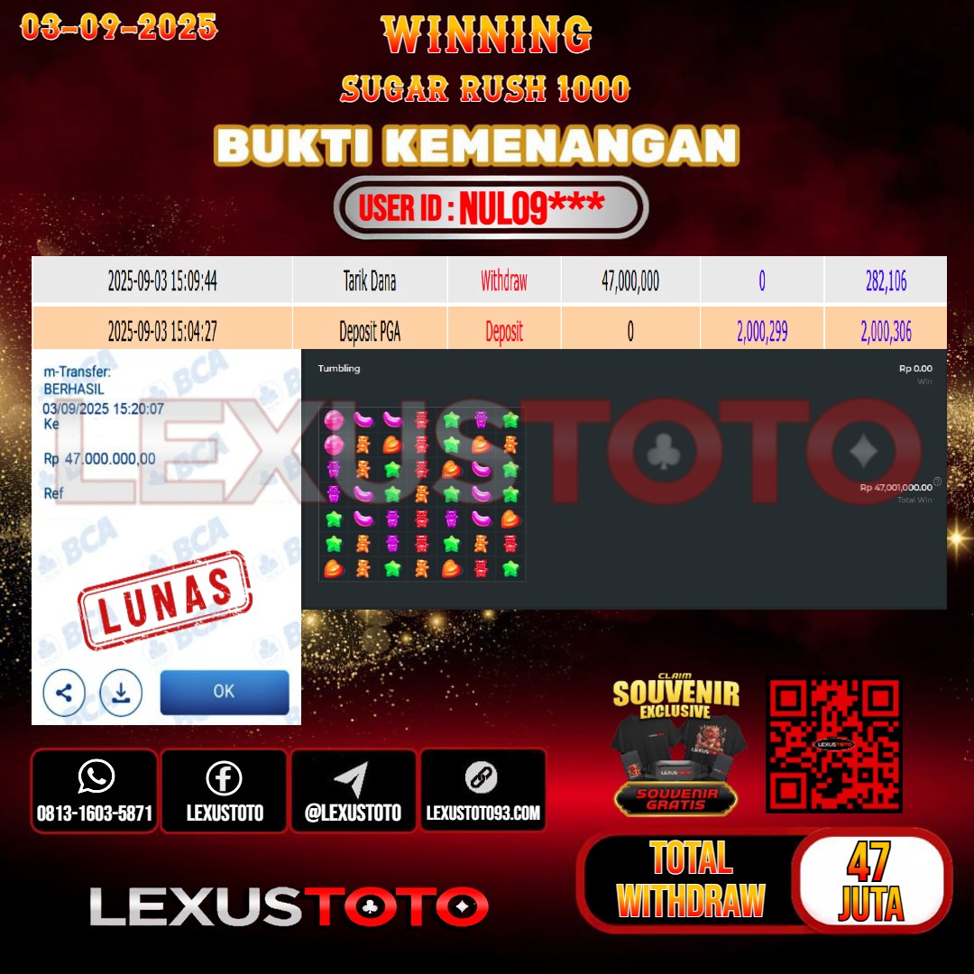 LEXUSTOTO JACKPOT SLOT SUGAR RUSH 1000 Rp.47.000.000,- LUNAS USER ID : NULO9***