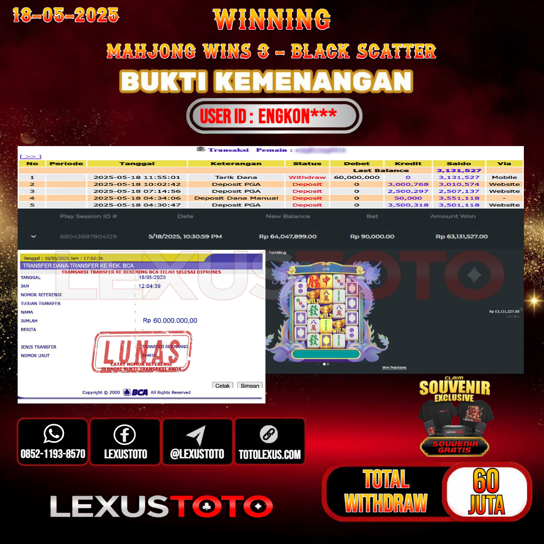 LEXUSTOTO JACKPOT SLOT MAHJONG WINS 3 - BLACK SCATTER Rp.60.000.000,- LUNAS USER ID : ENGKON***