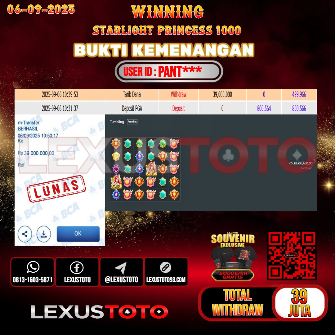 LEXUSTOTO JACKPOT SLOT STARLIGHT PRINCESS 1000 Rp.39.000.000,- LUNAS USER ID : PANT***