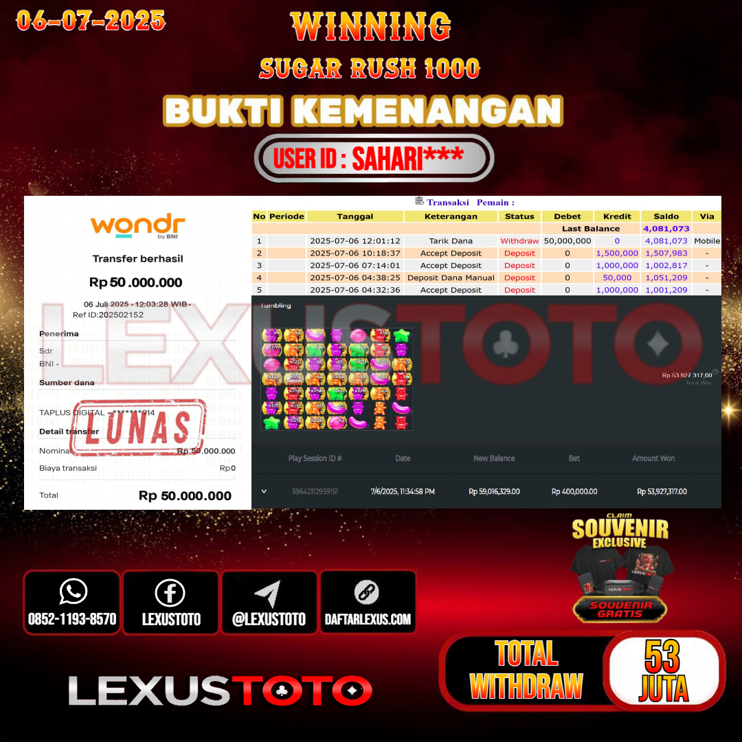 LEXUSTOTO JACKPOT SLOT SUGAR RUSH 1000 Rp. 53.000.000,- LUNAS USER ID : SAHARI***