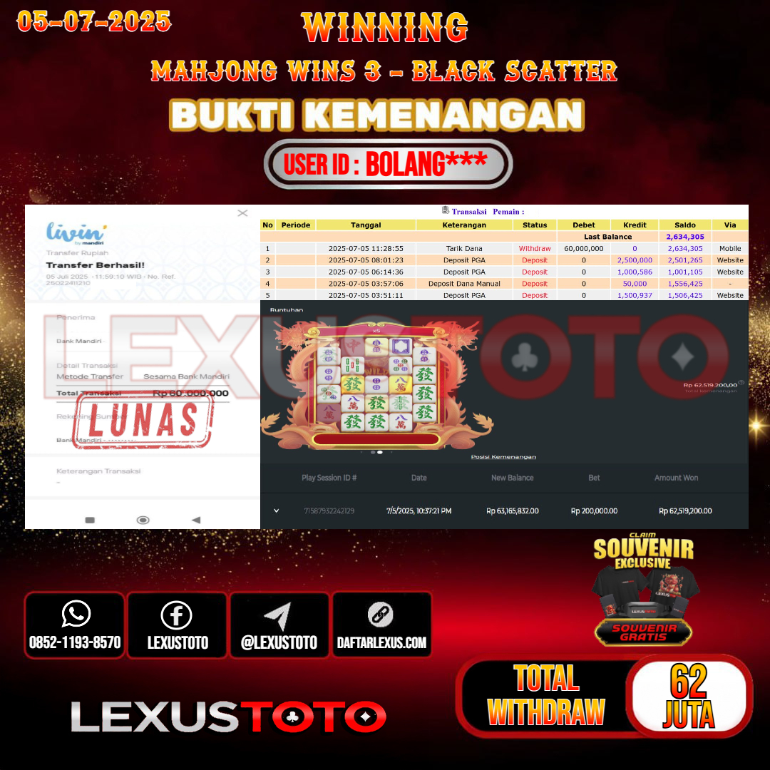 LEXUSTOTO JACKPOT SLOT MAHJONG WINS 3 - BLACK SCATTER Rp. 62.000.000,- LUNAS USER ID : BOLANG***