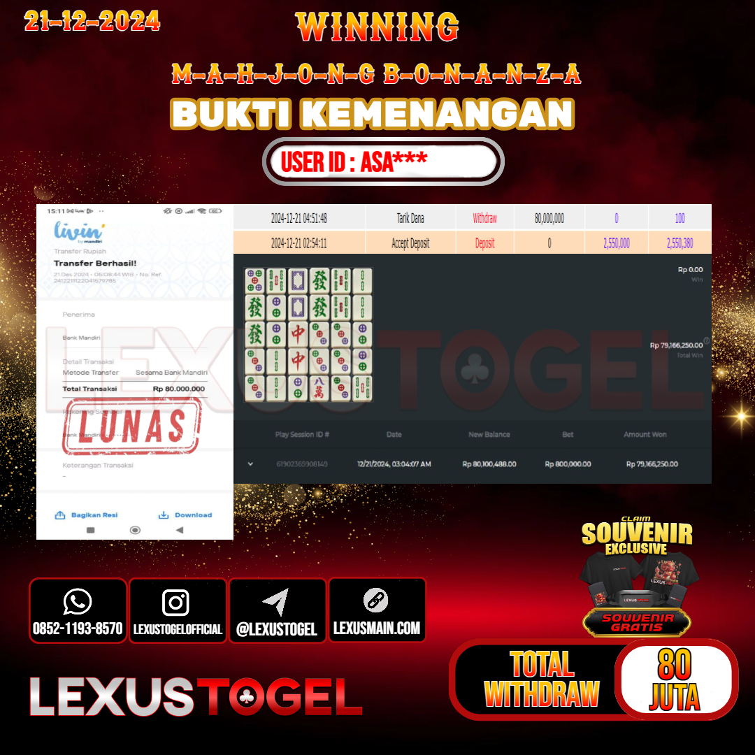 LEXUSTOGEL JACKPOT SLOT MAHJONG BONANZA Rp. 80.000.000.- LUNAS USER ID : ASA***