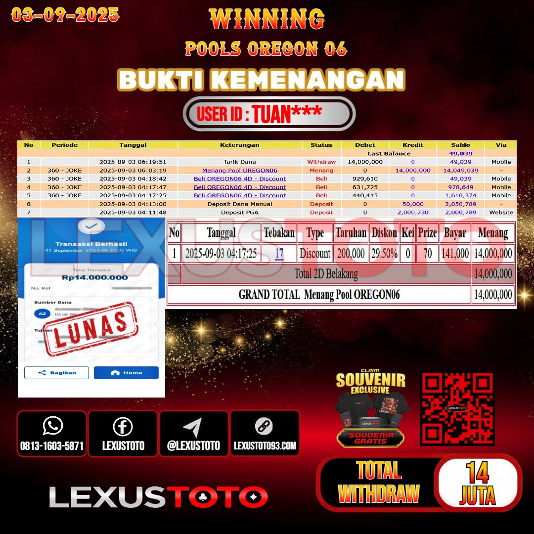 LEXUSTOTO JACKPOT TOGEL OREGON 06 Rp.14.000.000,- LUNAS USER ID : TUAN***