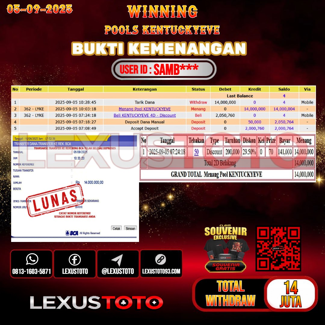 LEXUSTOTO JACKPOT TOGEL KENTUCKY EVE Rp.14.000.000,- LUNAS USER ID : SAMB***