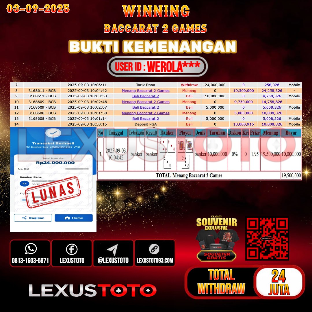 LEXUSTOTO JACKPOT LIVE GAMES BACCARAT 2 Rp.24.000.000,- LUNAS USER ID : WEROLA***