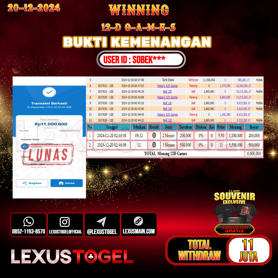 LEXUSTOGEL JACKPOT LIVE GAMES  12D GAMES Rp.11.000.000,-  LUNAS USER ID : SOBEK*** 