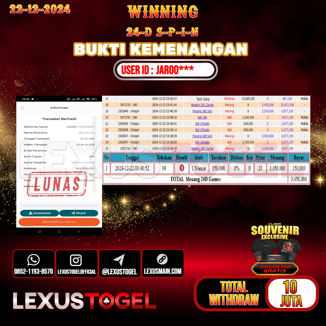 LEXUSTOGEL JACKPOT LIVE GAMES 24D SPIN Rp. 10.000.000,-  LUNAS USER ID : JAROO*** 