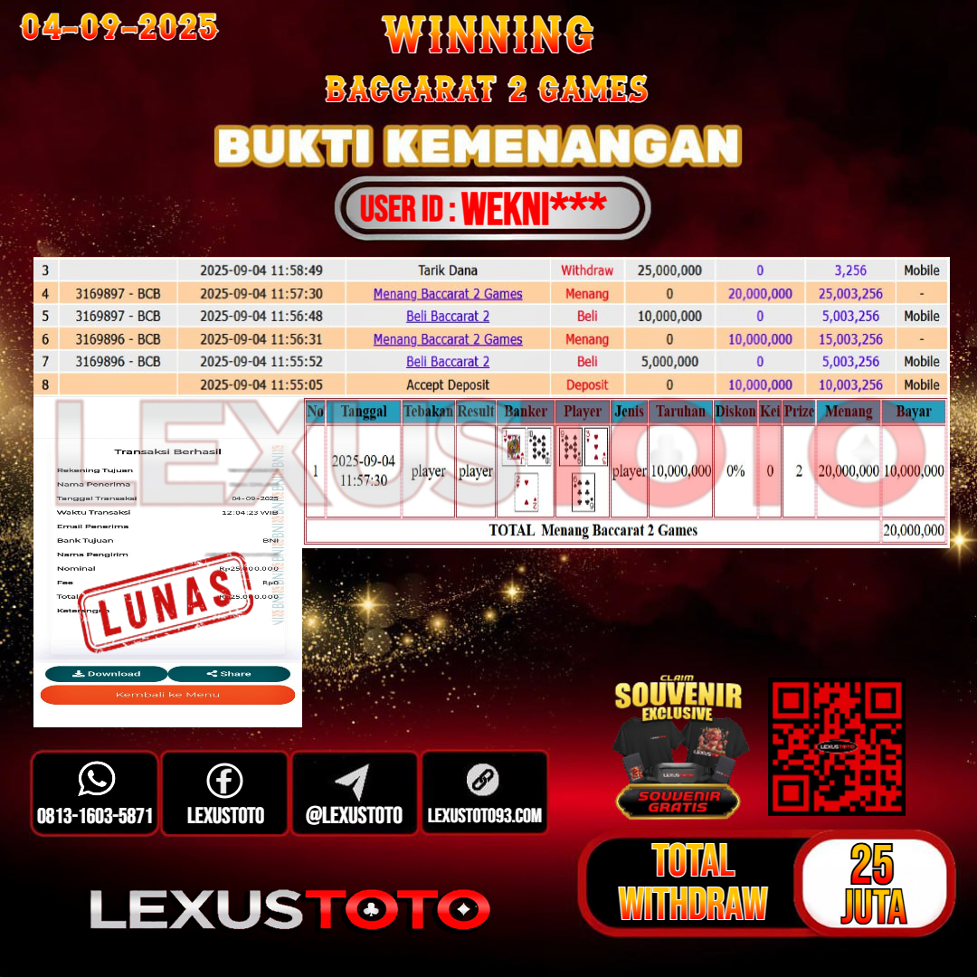 LEXUSTOTO JACKPOT LIVE GAMES BACCARAT 2 Rp.25.000.000,- LUNAS USER ID : WEKNI***