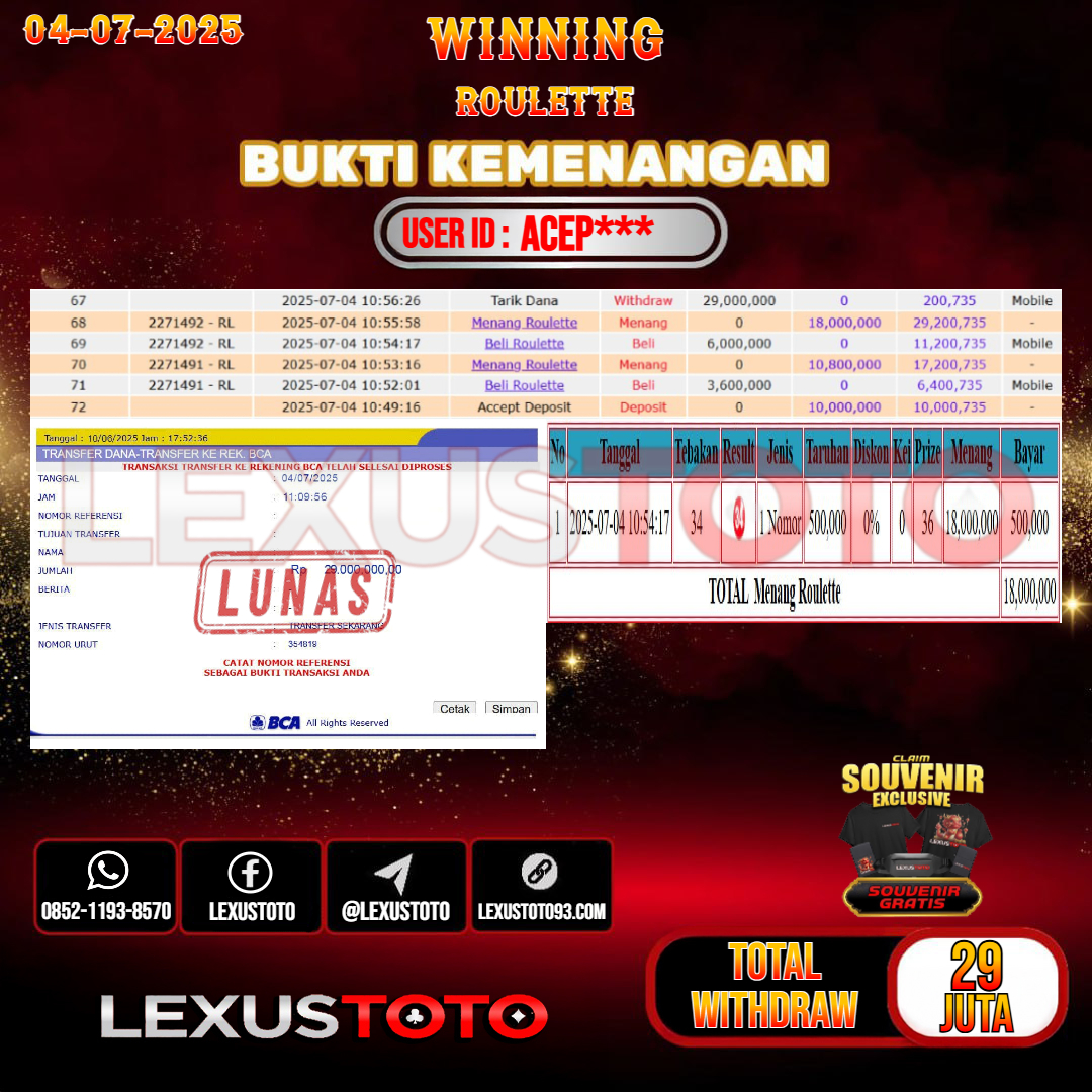 LEXUSTOTO JACKPOT LIVE GAMES ROULETTE Rp. 29.000.000,- LUNAS USER ID : ACEP***