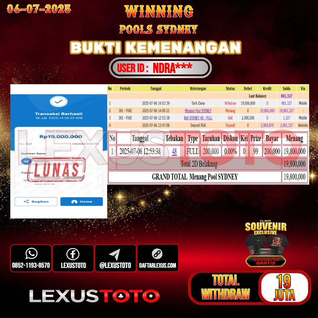 LEXUSTOTO JACKPOT TOGEL POOLS SYDNEY Rp. 19.000.000.- LUNAS USER ID : NDRA***