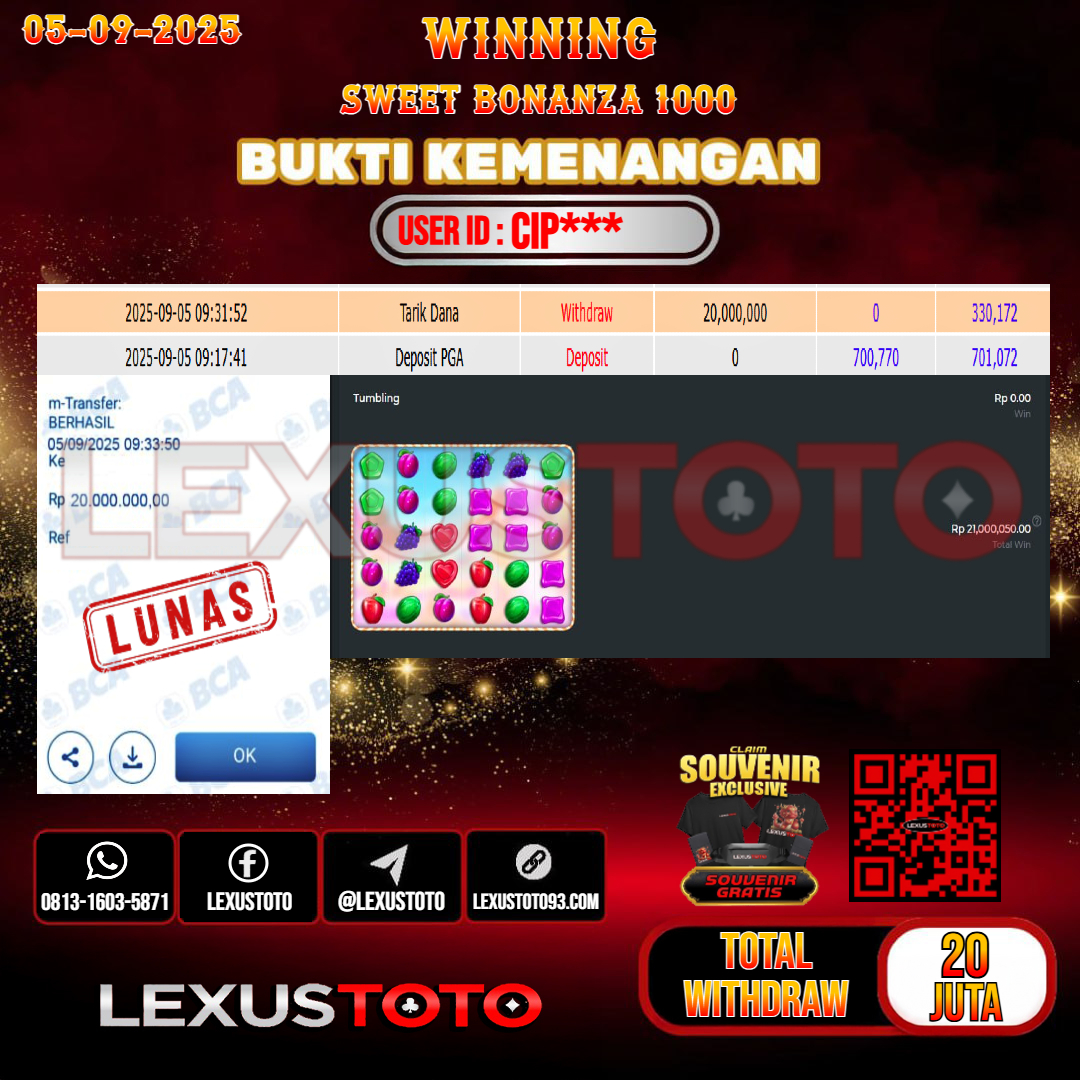 LEXUSTOTO JACKPOT SLOT SWEET BONANZA 1000 Rp.20.000.000,- LUNAS USER ID : CIP***