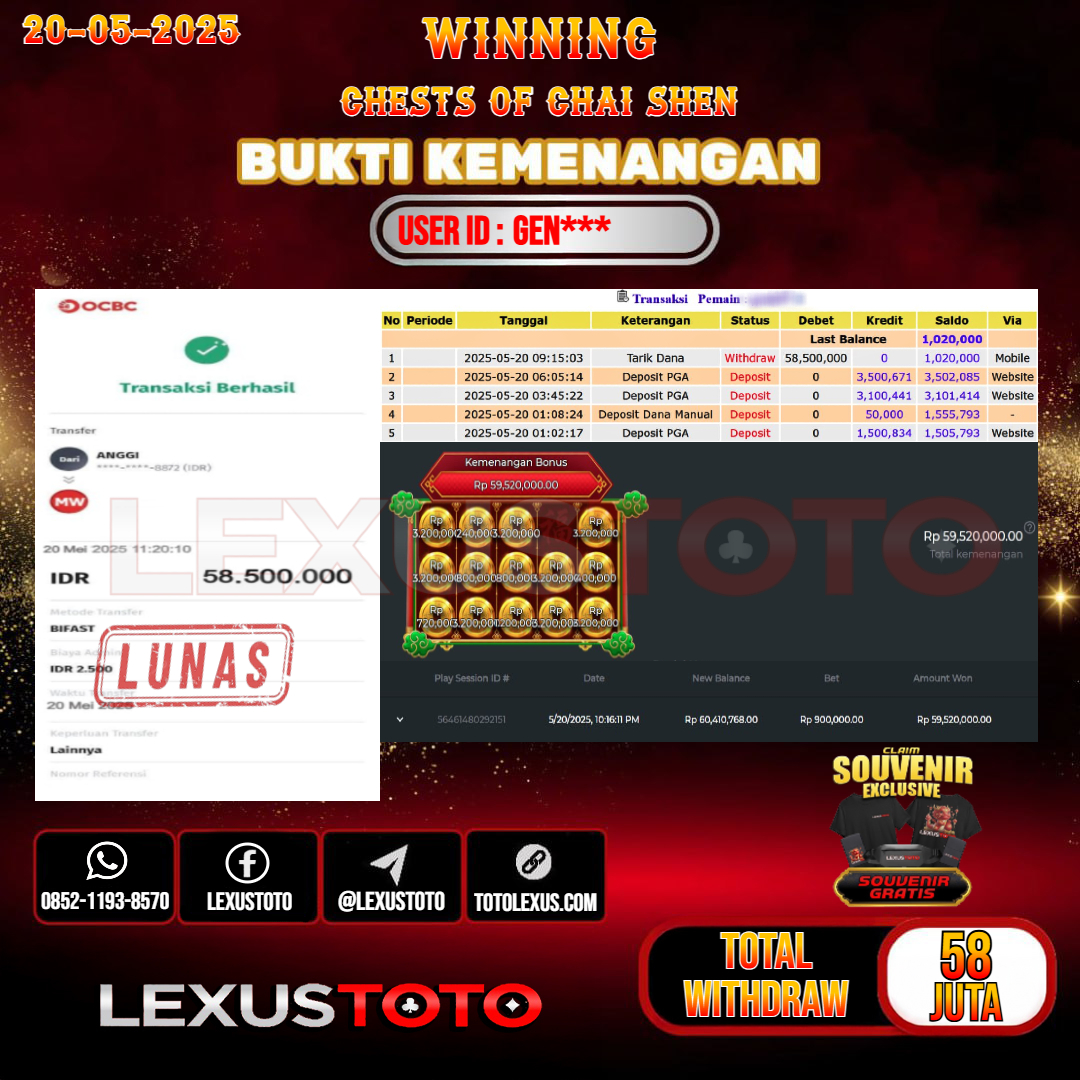LEXUSTOTO JACKPOT SLOT CHESTS OF CHAI SHEN Rp.58.000.000,- LUNAS USER ID : GEN***