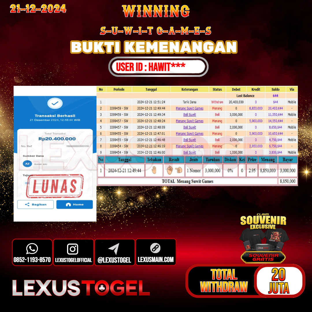 LEXUSTOGEL JACKPOT  LIVE GAMES  SUWIT GAMES Rp. 20.400.000.-  LUNAS USER ID : HAWIT***