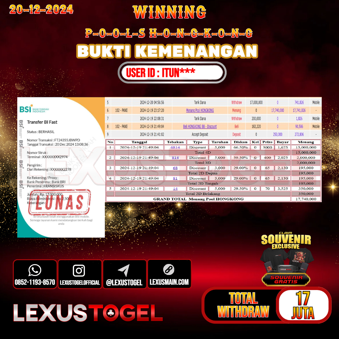 LEXUSTOGEL JACKPOT TOGEL HONGKONG Rp. 17.000.000.- LUNAS USER ID : ITUN***