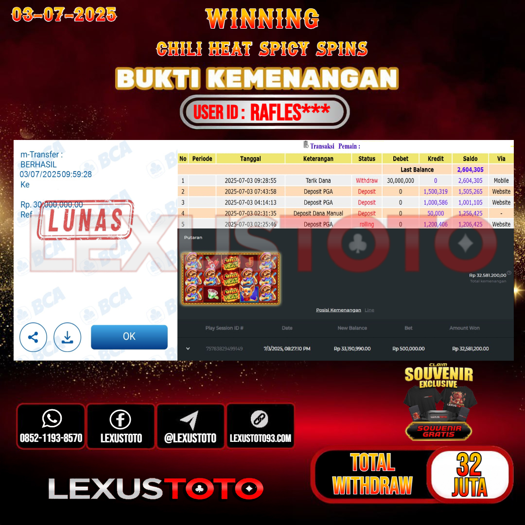 LEXUSTOTO JACKPOT SLOT CHILI HEAT SPICY SPINS Rp. 32.000.000,- LUNAS USER ID : RAFLES***