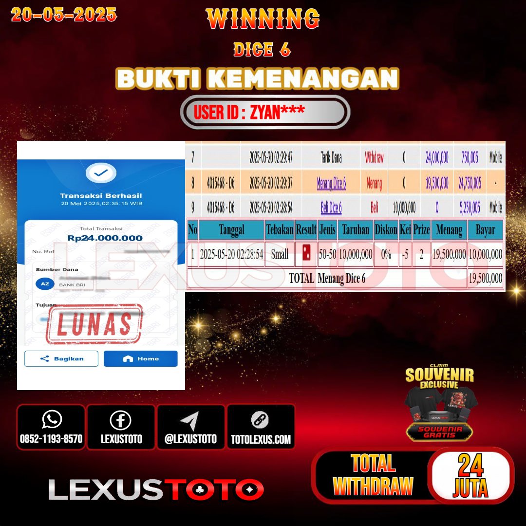 LEXUSTOTO JACKPOT LIVE GAMES DICE 6 Rp.24.000.000,- LUNAS USER ID : ZYAN***
