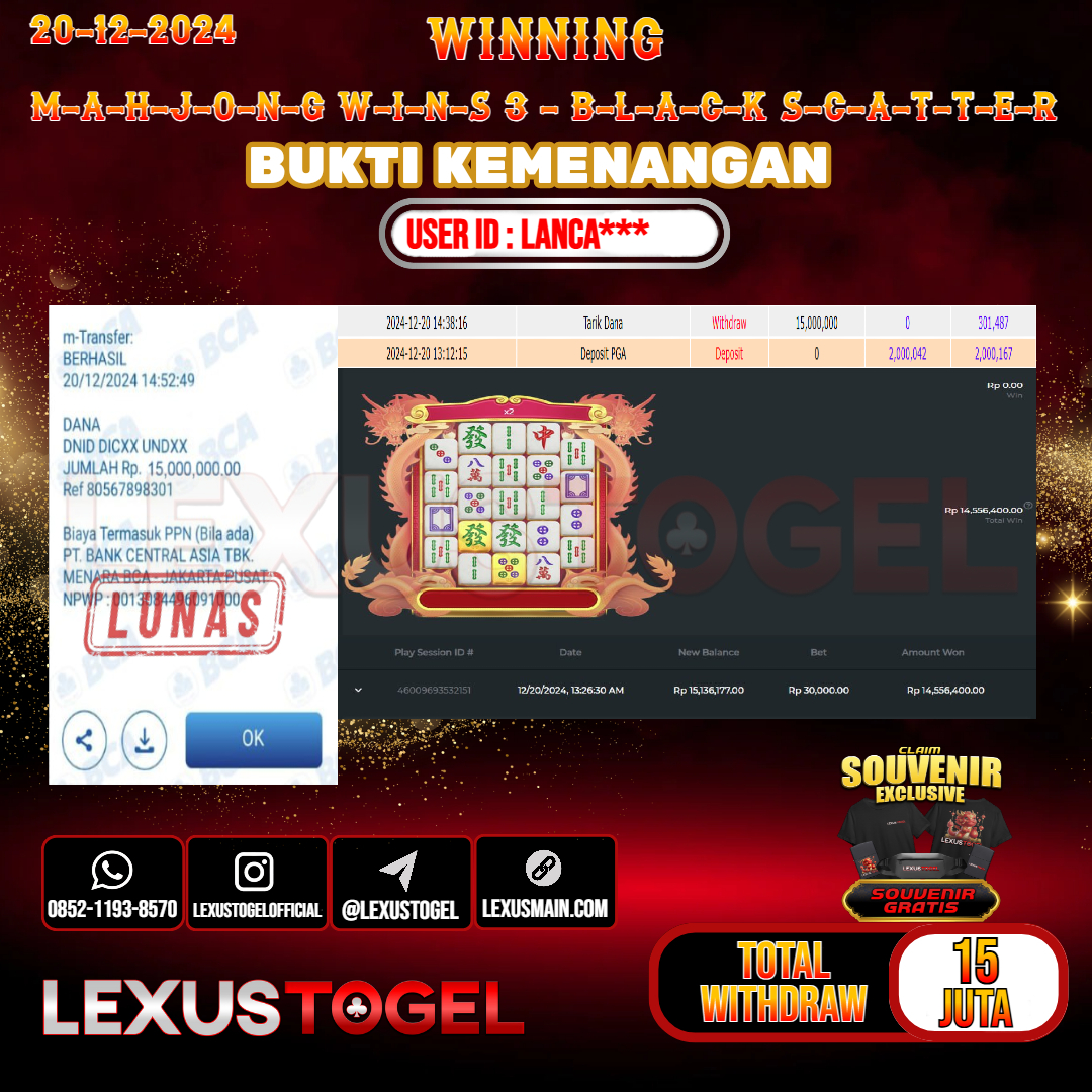 LEXUSTOGEL JACKPOT SLOT MAHJONG WINS 3 - BLACK SCATTER Rp. 15.000.000.- LUNAS USER ID : LANCA***