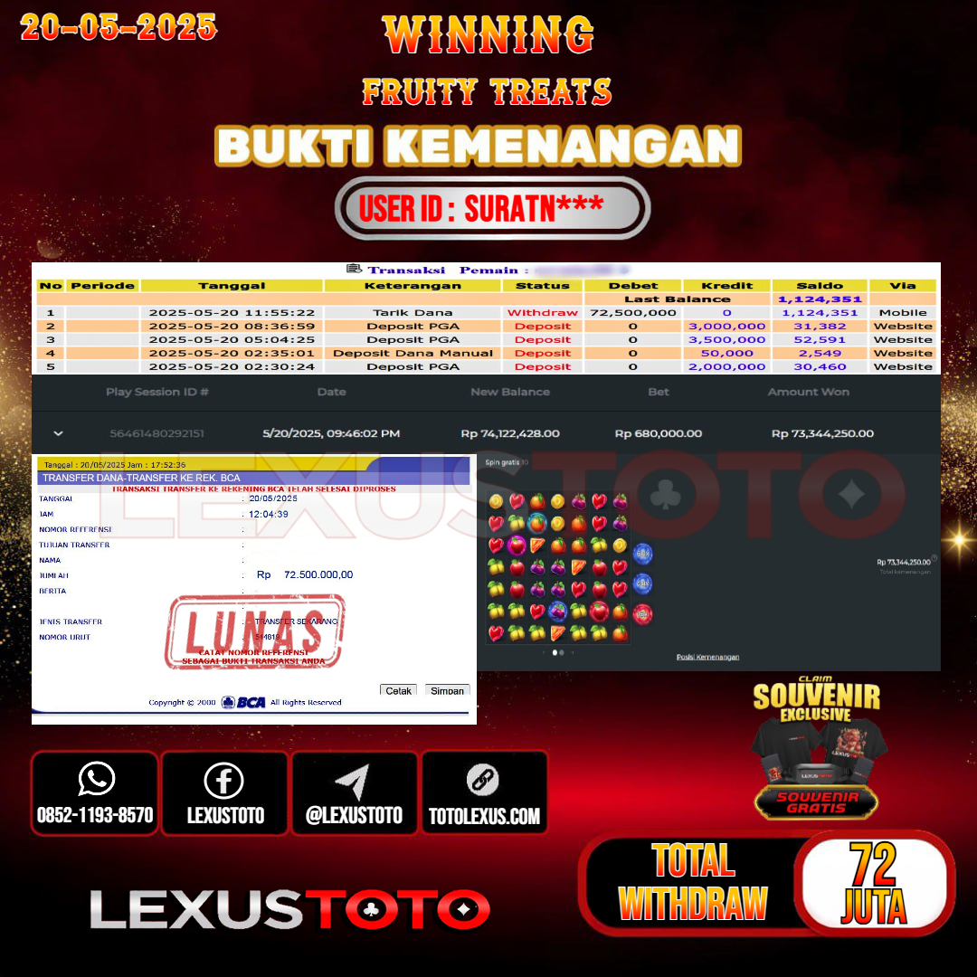 LEXUSTOTO JACKPOT SLOT FRUITY TREATS Rp.72.000.000,- LUNAS USER ID : SURATN***