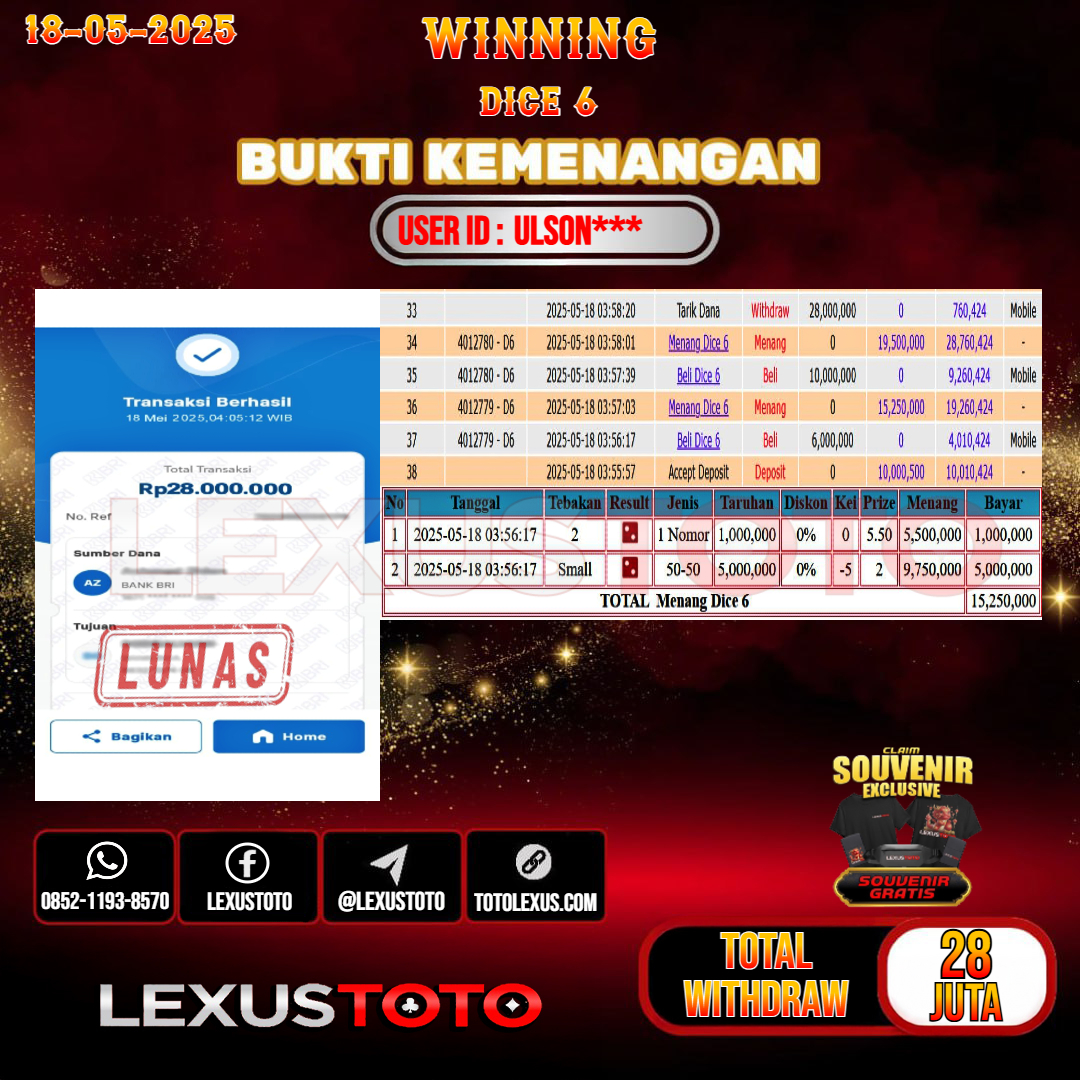 LEXUSTOTO JACKPOT LIVE GAMES DICE 6 Rp.28.000.000,- LUNAS USER ID : ULSON***