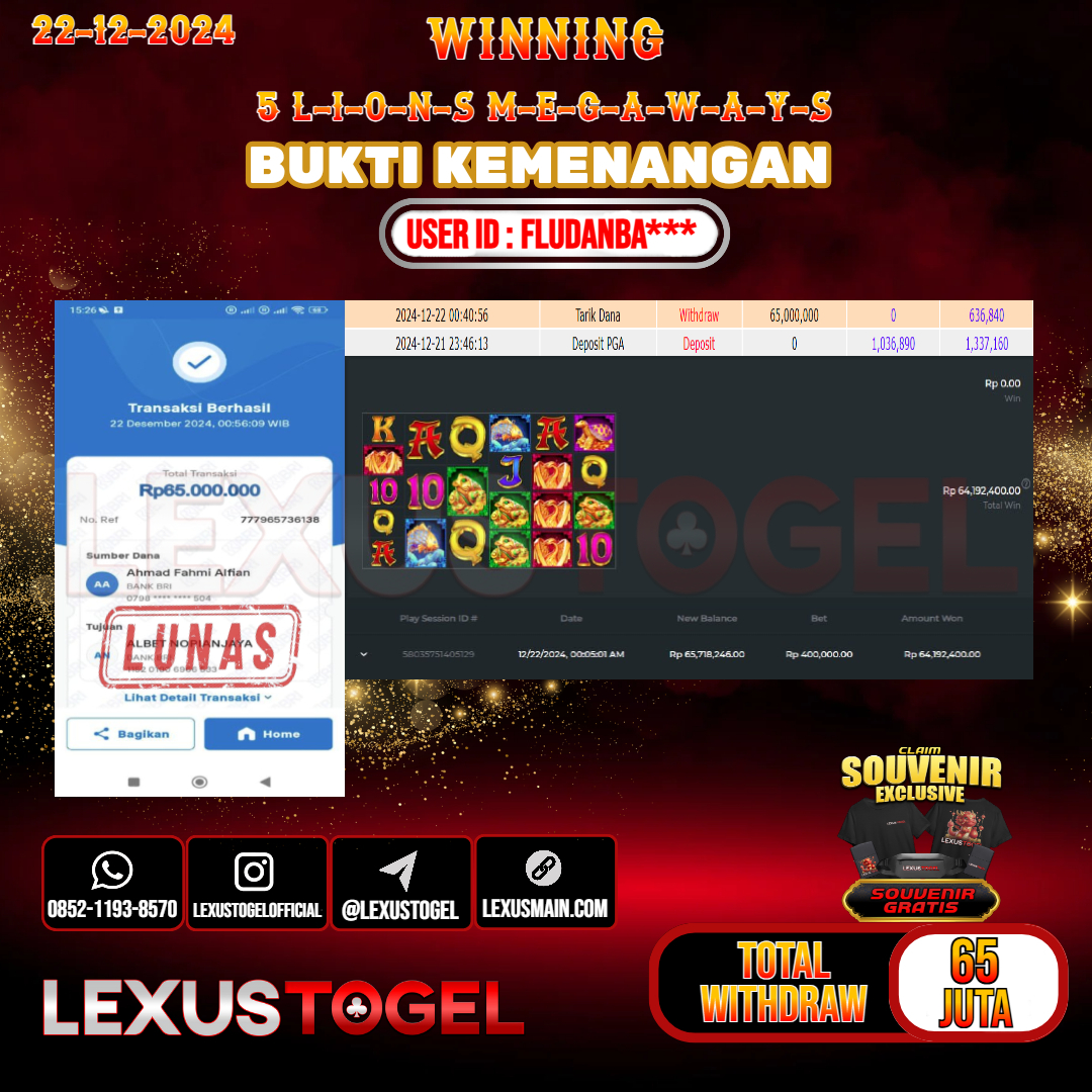 LEXUSTOGEL JACKPOT SLOT 5 LIONS MEGAWAYS Rp. 65.000.000.- LUNAS USER ID : FLUDANBA***