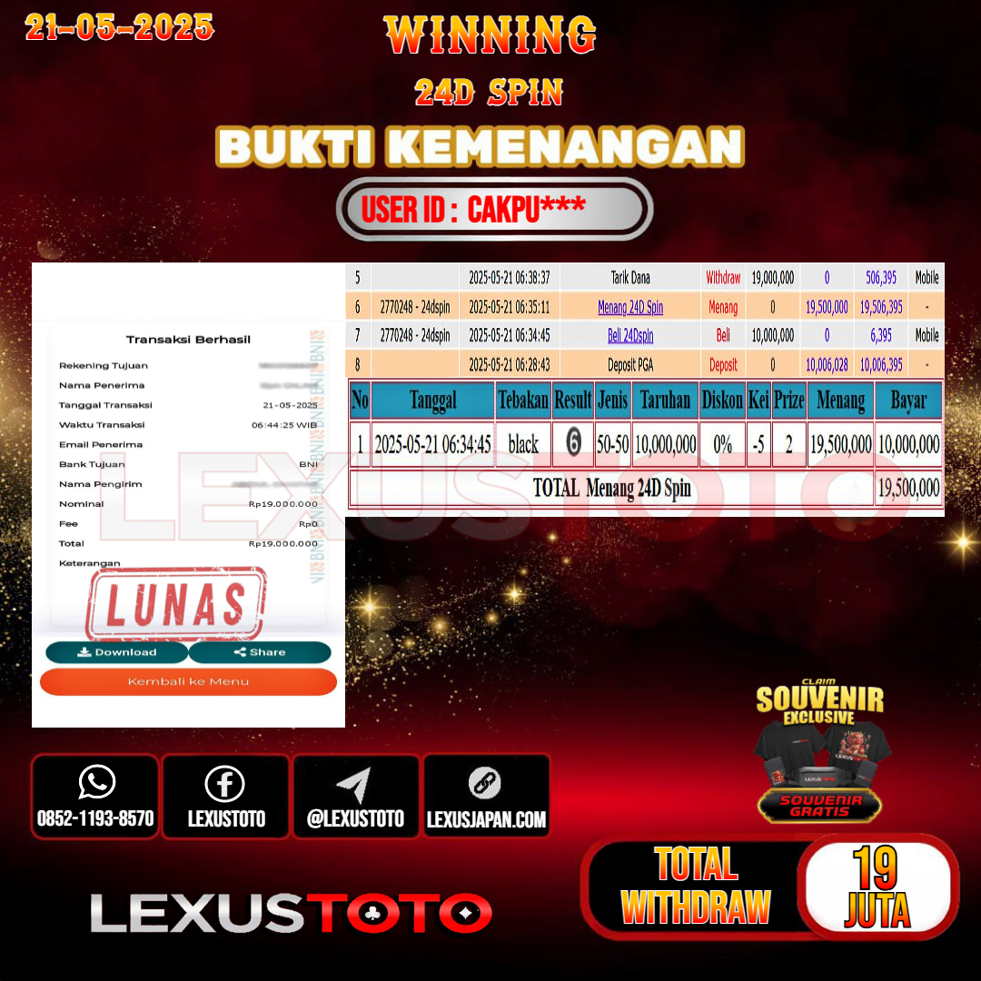 LEXUSTOTO JACKPOT LIVE GAMES 24D SPIN Rp.19.000.000,- LUNAS USER ID : CAKPU***