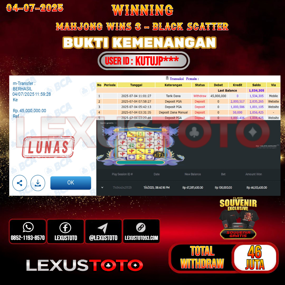 LEXUSTOTO JACKPOT SLOT MAHJONG WINS 3 - BLACK SCATTER Rp. 46.000.000,- LUNAS USER ID : KUTUJP***