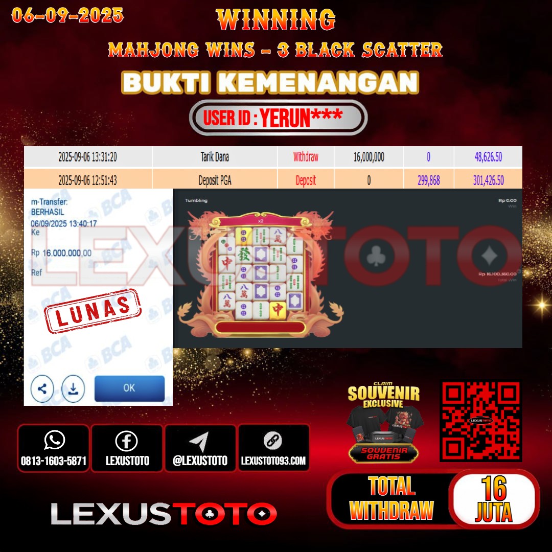 LEXUSTOTO JACKPOT SLOT MAHJONG WINS - 3 BLACK SCATTER Rp.16.000.000,- LUNAS USER ID : YERUN***