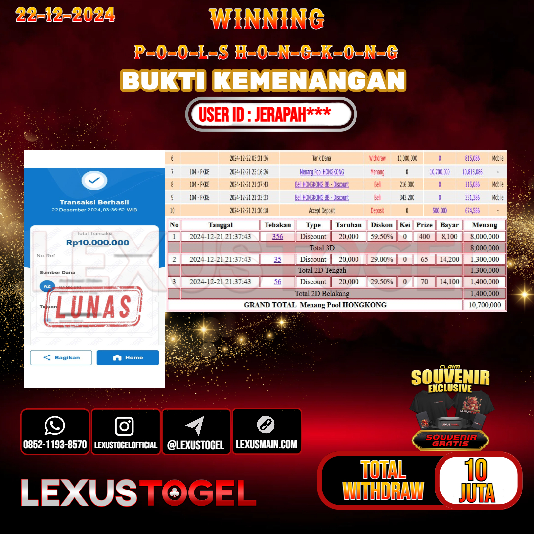 LEXUSTOGEL JACKPOT TOGEL HONGKONG Rp. 10.000.000.- LUNAS USER ID : JERAPAH***