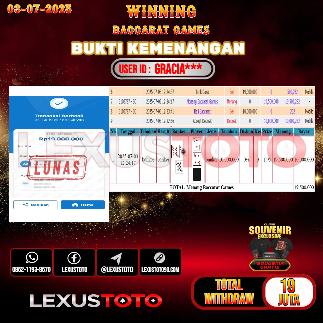 LEXUSTOTO JACKPOT LIVE GAMES BACCARAT GAMES Rp. 19.000.000,- LUNAS USER ID : GRACIA***